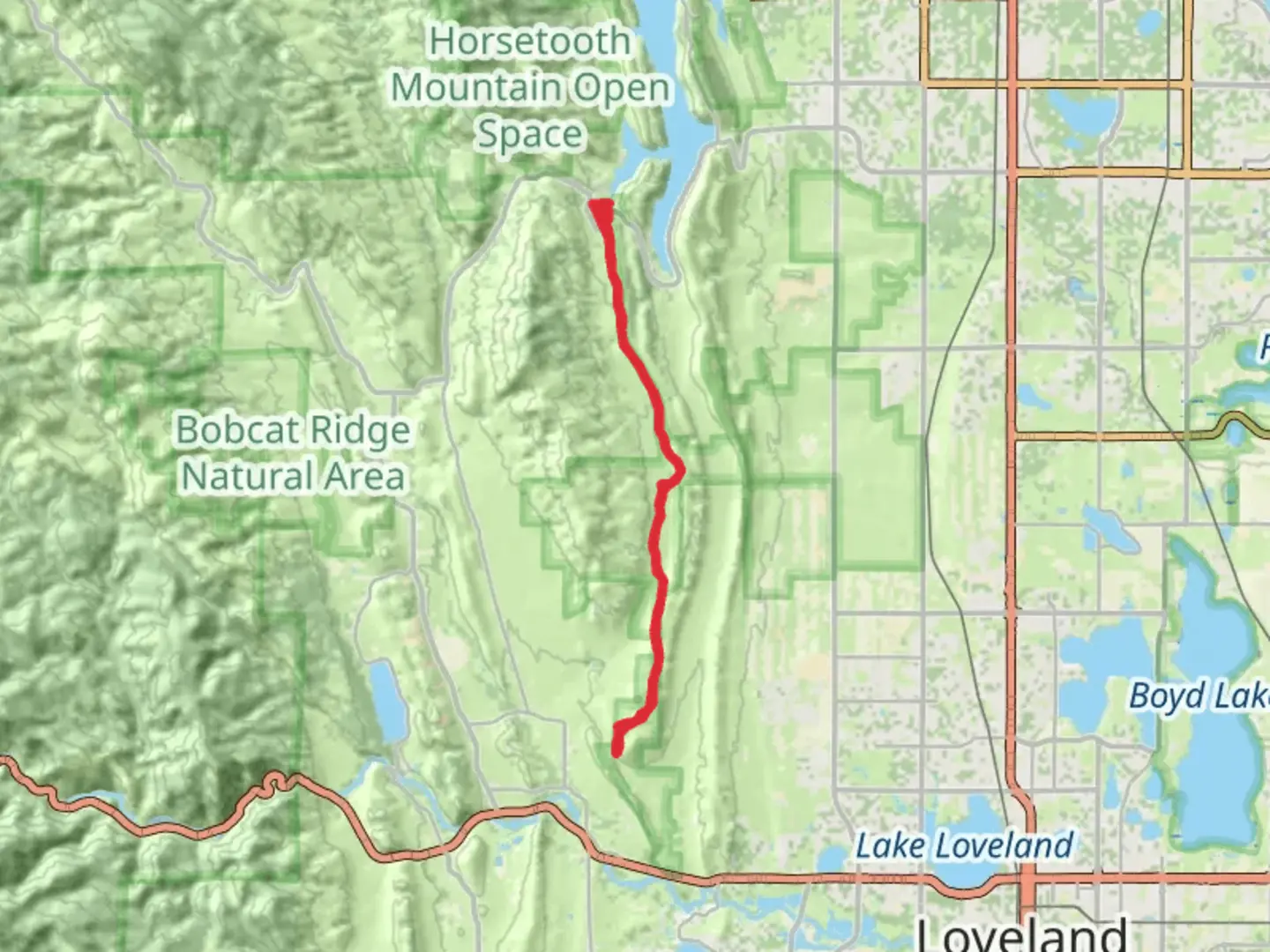 An image depicting the trail Devils Backbone Open Space via Hunter Loop and its surrounding area.