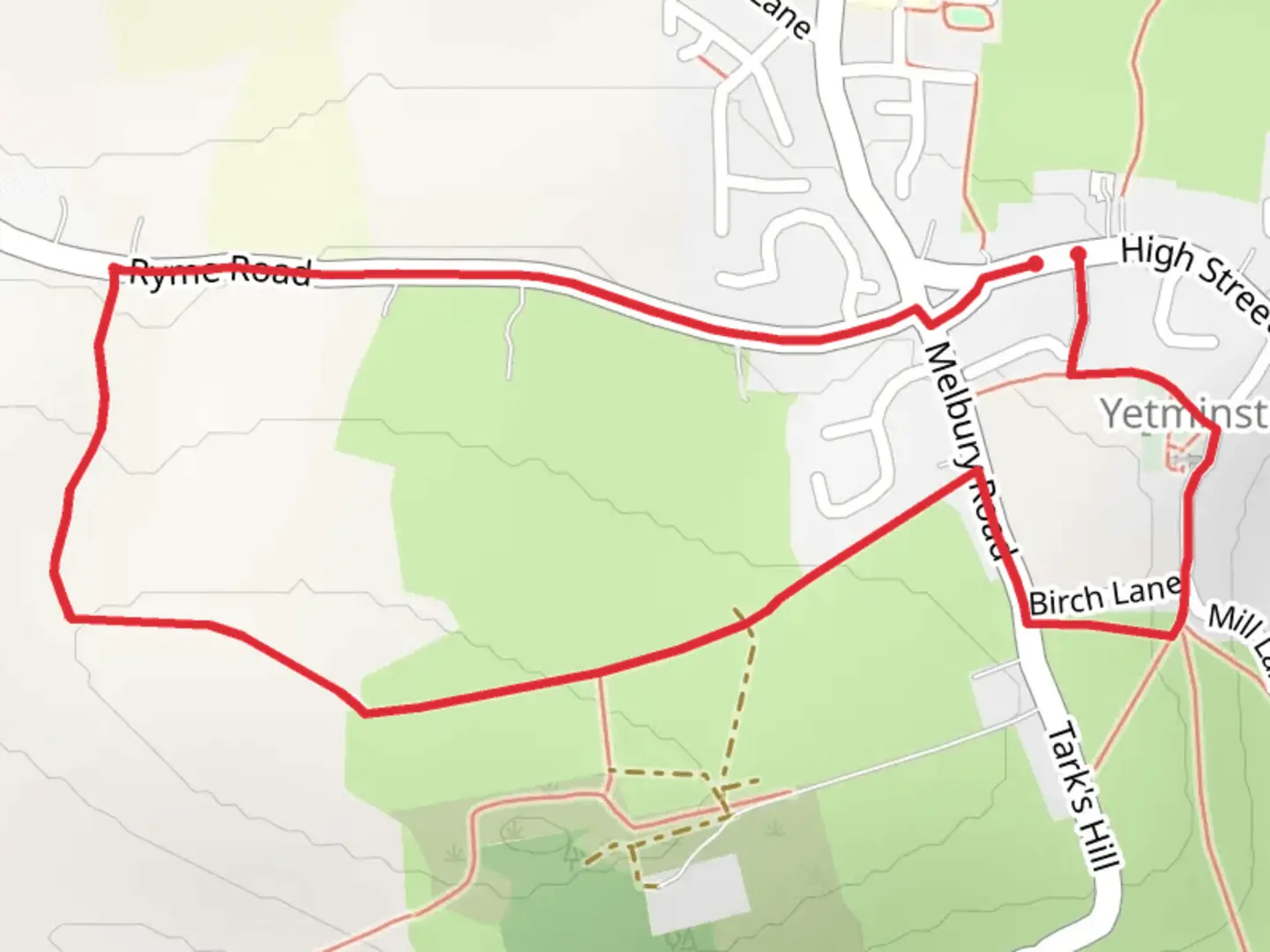 An image depicting the trail Yetminster Loop and its surrounding area.