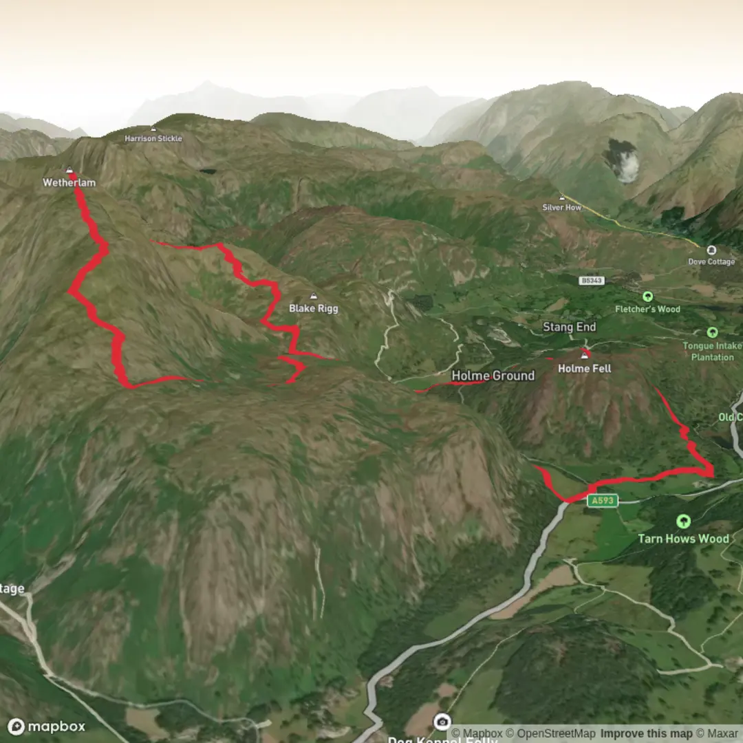An image depicting the trail Wetherlam and Holme Fell - 2 WRs and its surrounding area.
