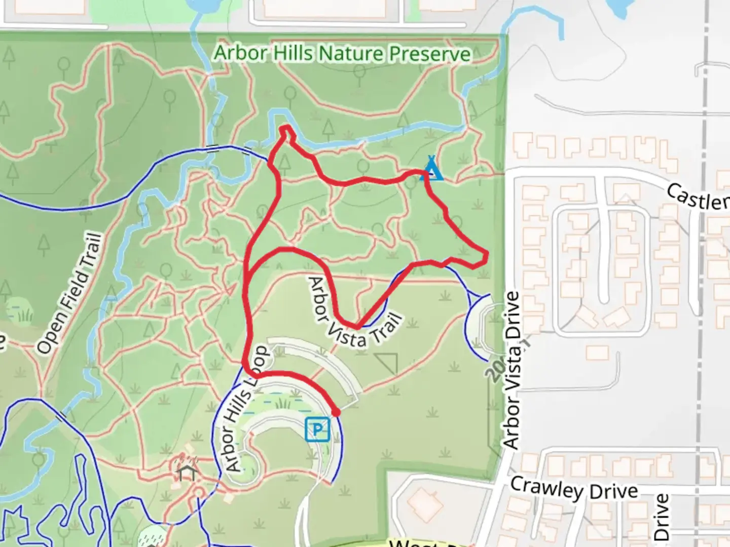 An image depicting the trail Arbor Vista, Day Camp - North and Arbor Hills Loop Trail and its surrounding area.
