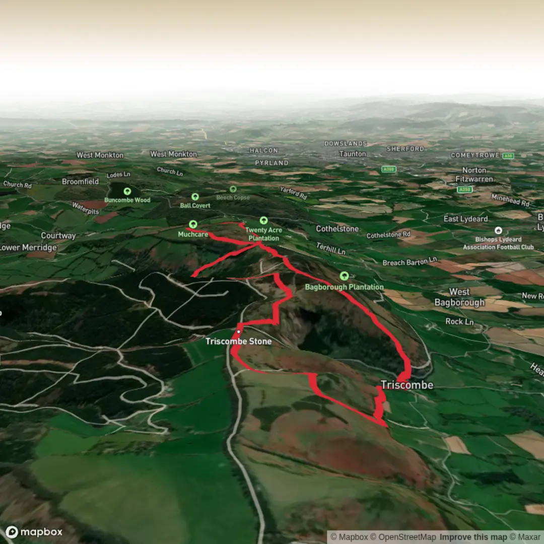 An image depicting the trail Lydeard Hill to Triscombe Loop via Great Hill and Middle Hill and its surrounding area.