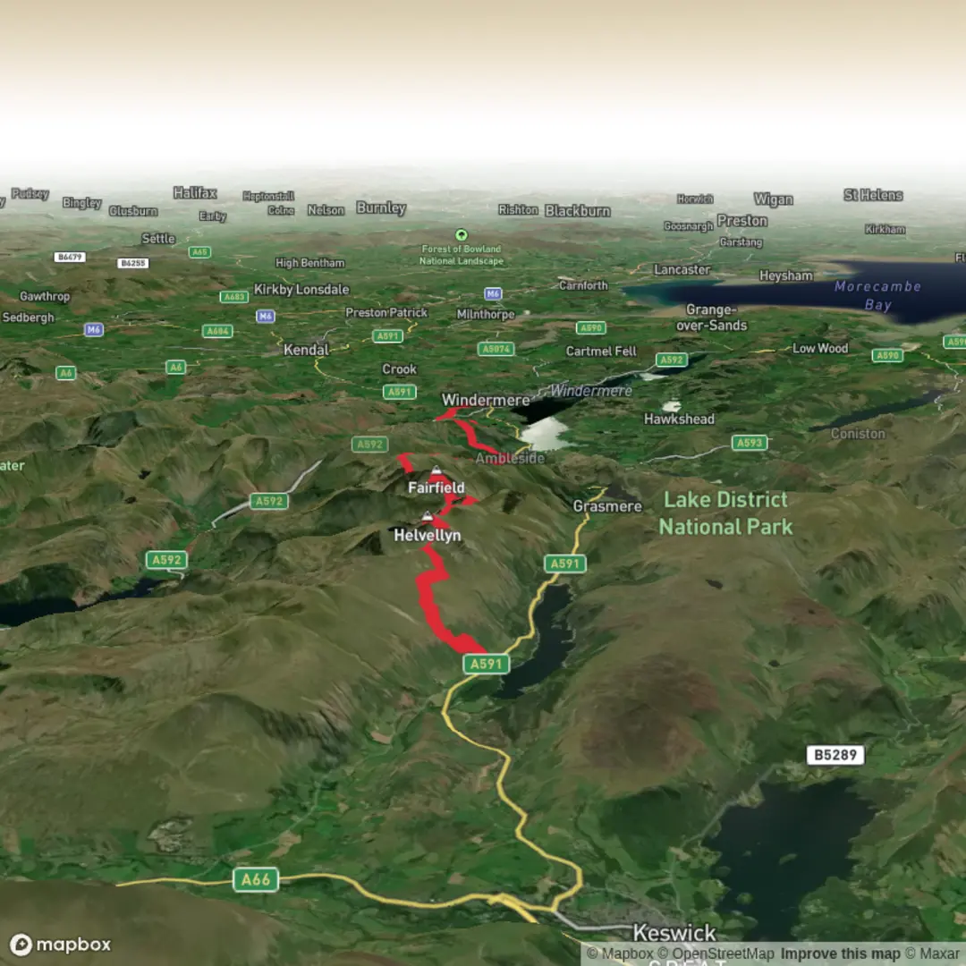 An image depicting the trail Brown Crag, Helvellyn, Grisedale, High Pike and Wansfell Pike and its surrounding area.