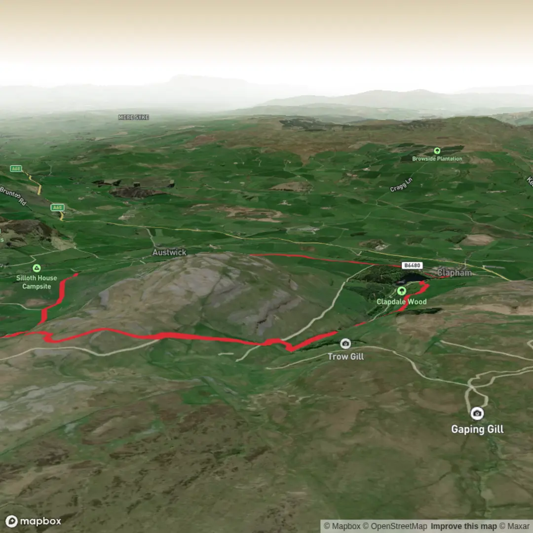 An image depicting the trail Encombe Bridge, Nappa Scars, Long Scar and Ingleborough Cave Loop and its surrounding area.