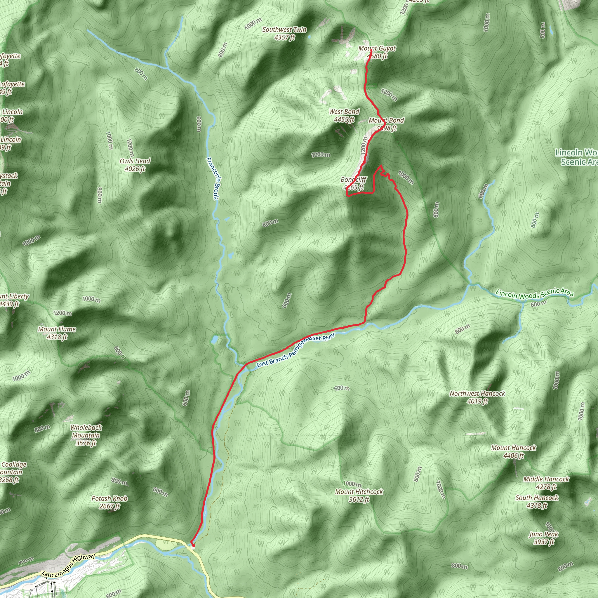Mount Bond, Mount Guyot via Bondcliff Trail and Lincoln Woods Trail mobile static map