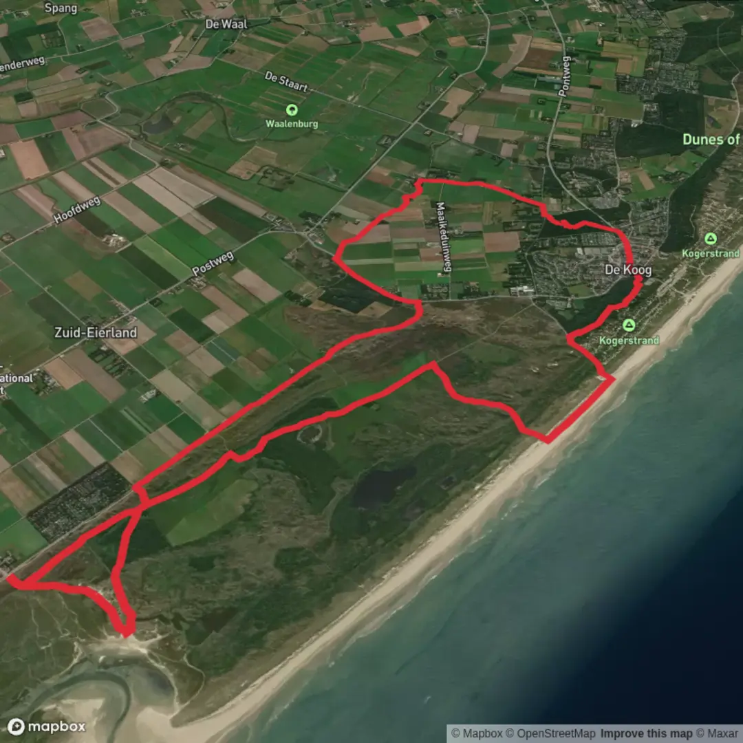 An image depicting the trail De Nederlanden and De Koog Loop and its surrounding area.