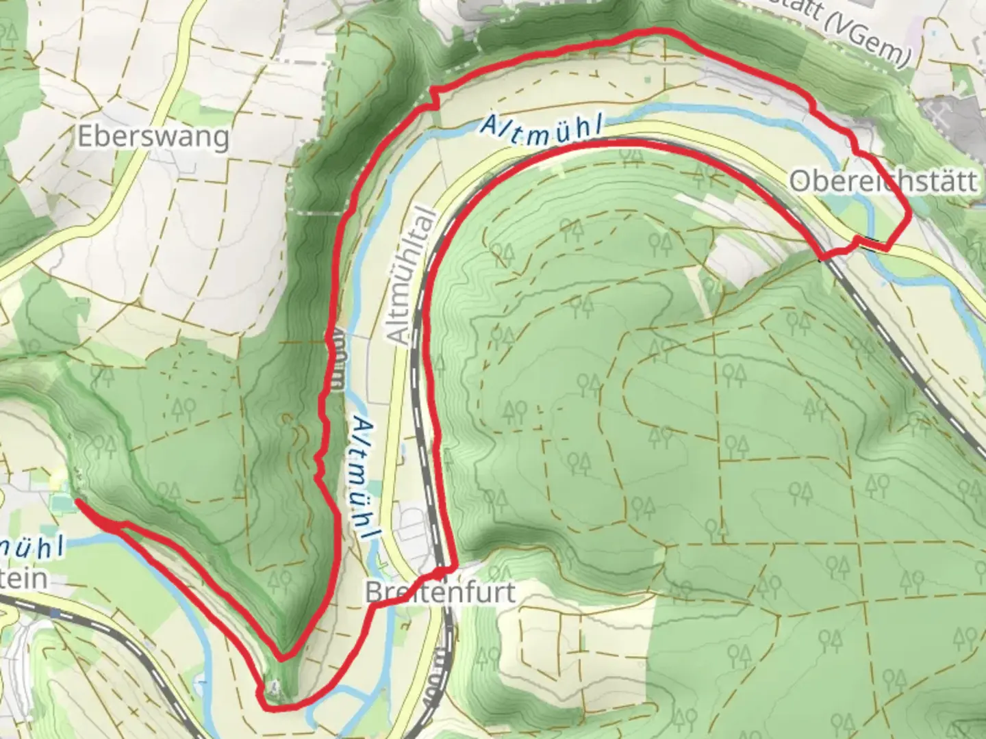 An image depicting the trail Breitenfurt to Obereichstatt Loop and its surrounding area.