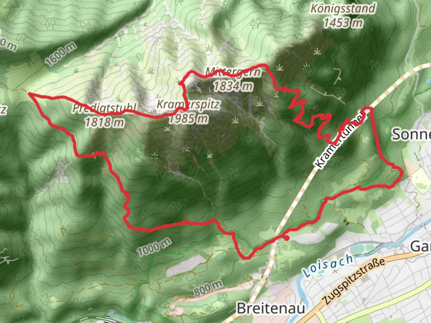 An image depicting the trail Mittergern and Predigtstuhl Loop and its surrounding area.