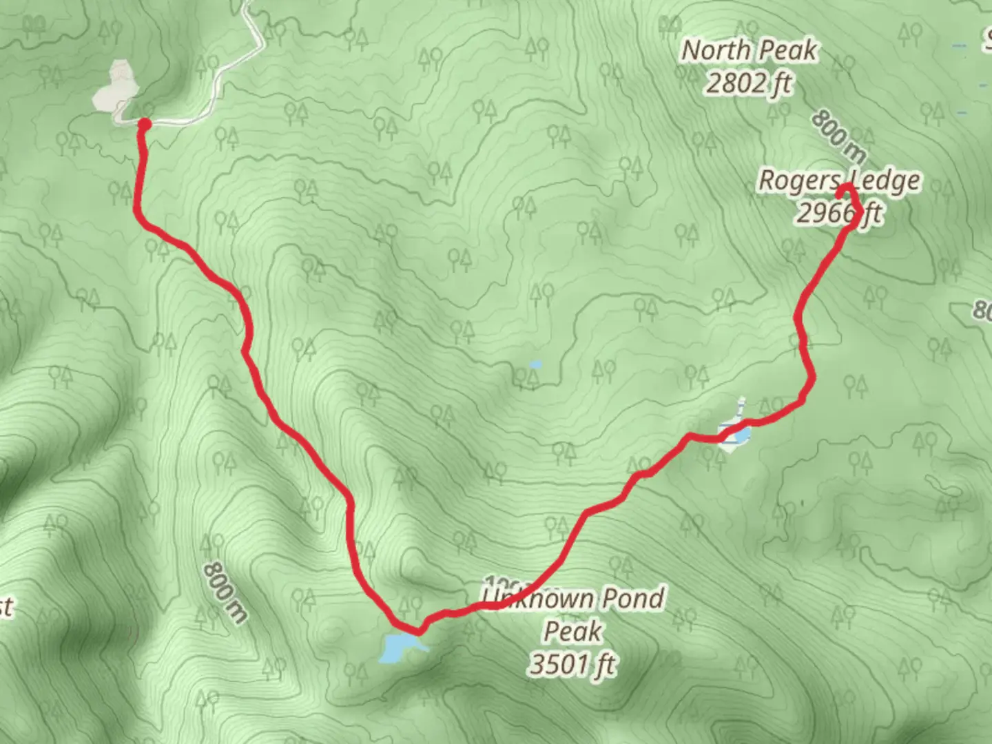 An image depicting the trail Rogers Ledge via Unknown Pond Trail and its surrounding area.