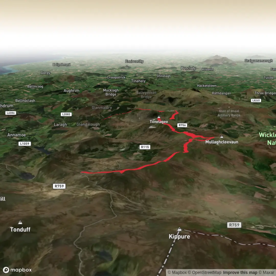 An image depicting the trail Hike and camp via Corrigvore, Gravale, Duffy Hill and Stony Top and its surrounding area.