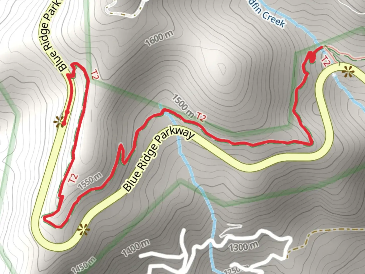 An image depicting the trail Woodfin Creek via Mountains-to-Sea Trail - West and its surrounding area.