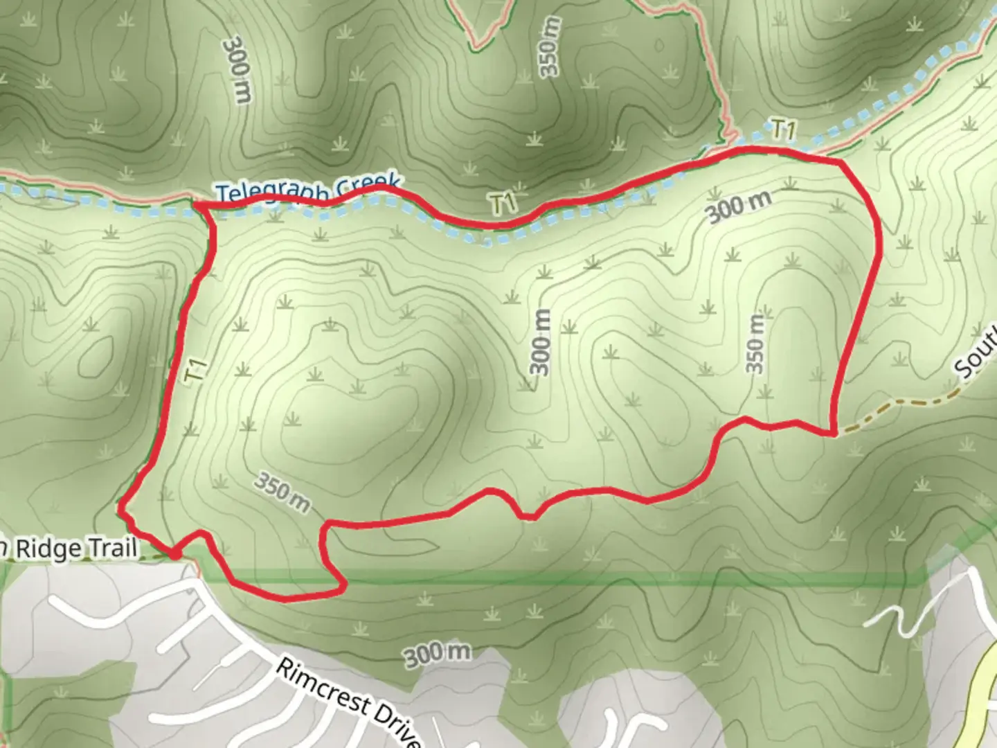 An image depicting the trail Telegraph Creek Loop and its surrounding area.