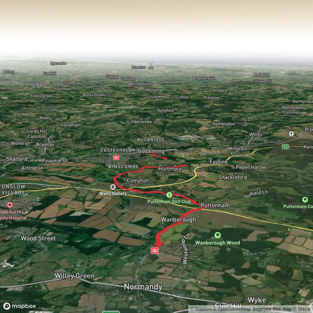 An image depicting the trail Wanborough to Godalming and its surrounding area.