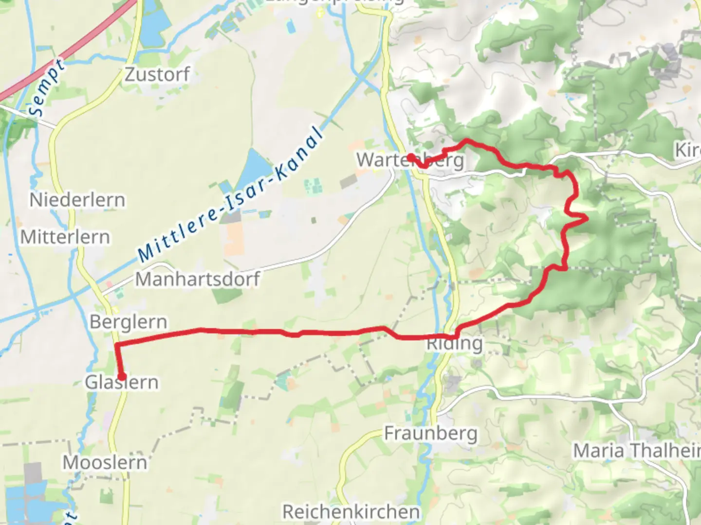 An image depicting the trail Wartenberg to Glaslern Walk and its surrounding area.
