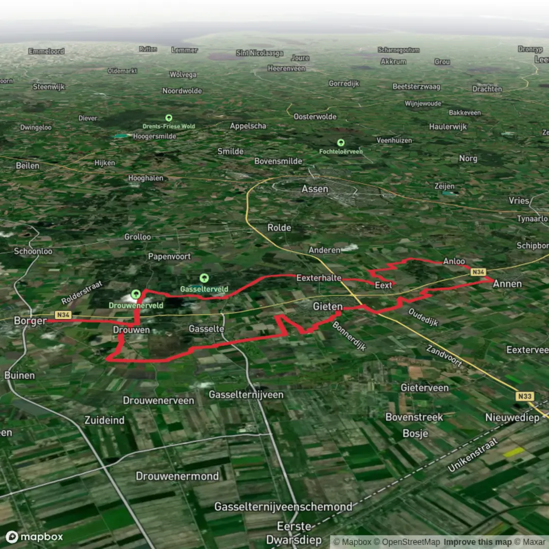 An image depicting the trail Drouwenerzand, Zwanemeer and Hemelrijk via Eexterweg and its surrounding area.