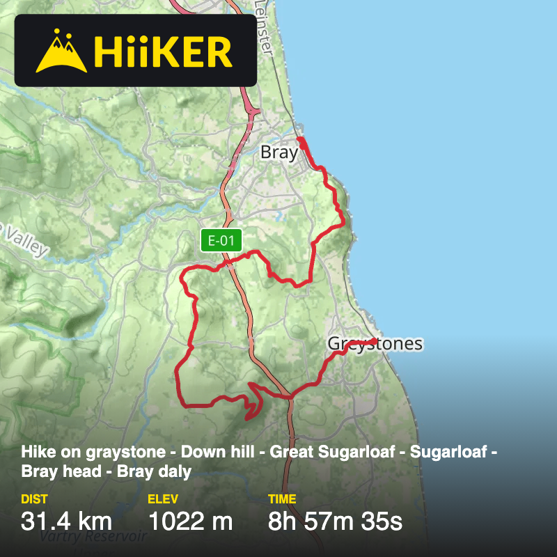 A map preview of the recording Hike on graystone - Down hill - Great Sugarloaf - Sugarloaf - Bray head - Bray daly.