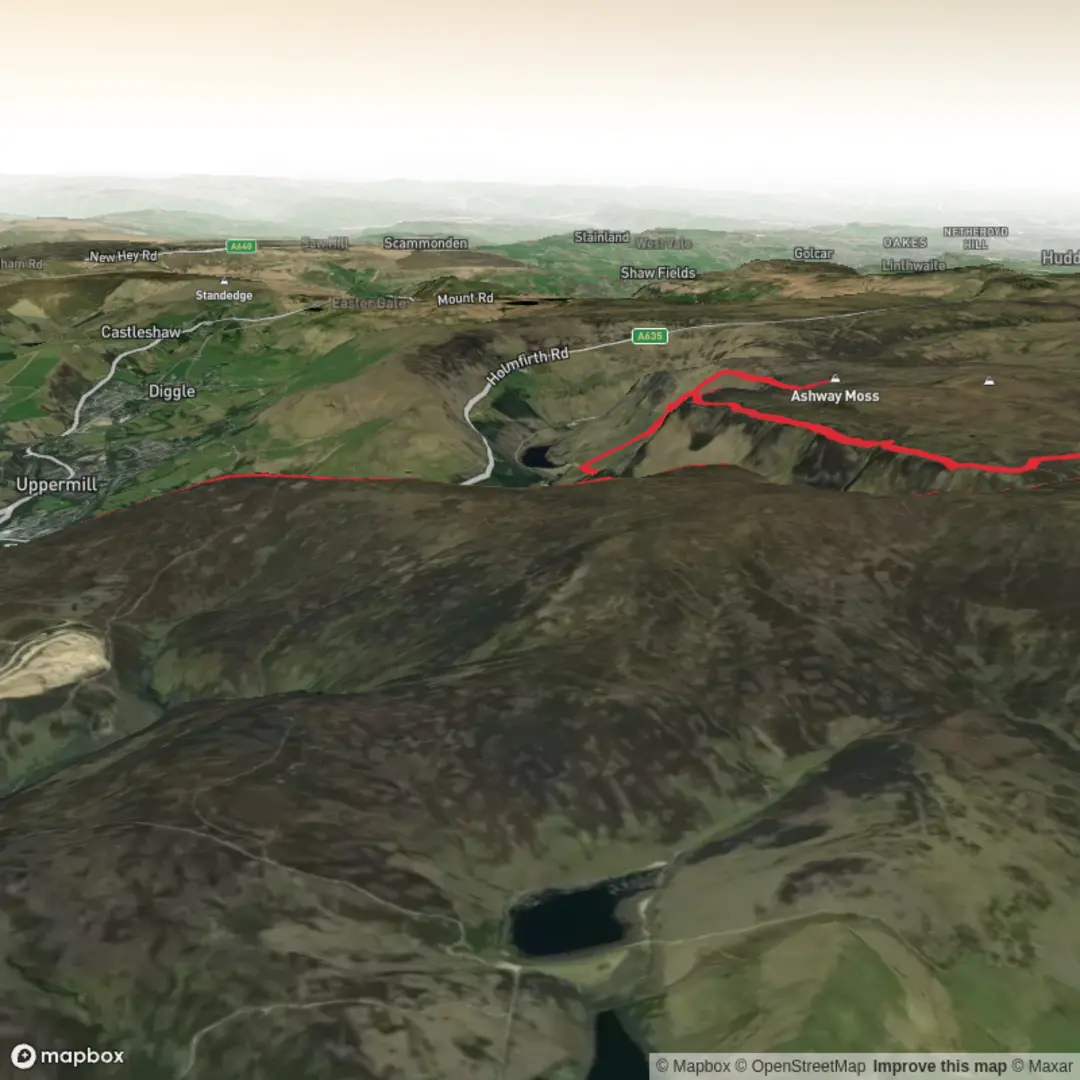 An image depicting the trail Dove Stone Reservoir, Chew Reservoir and Ashway Moss Loop and its surrounding area.
