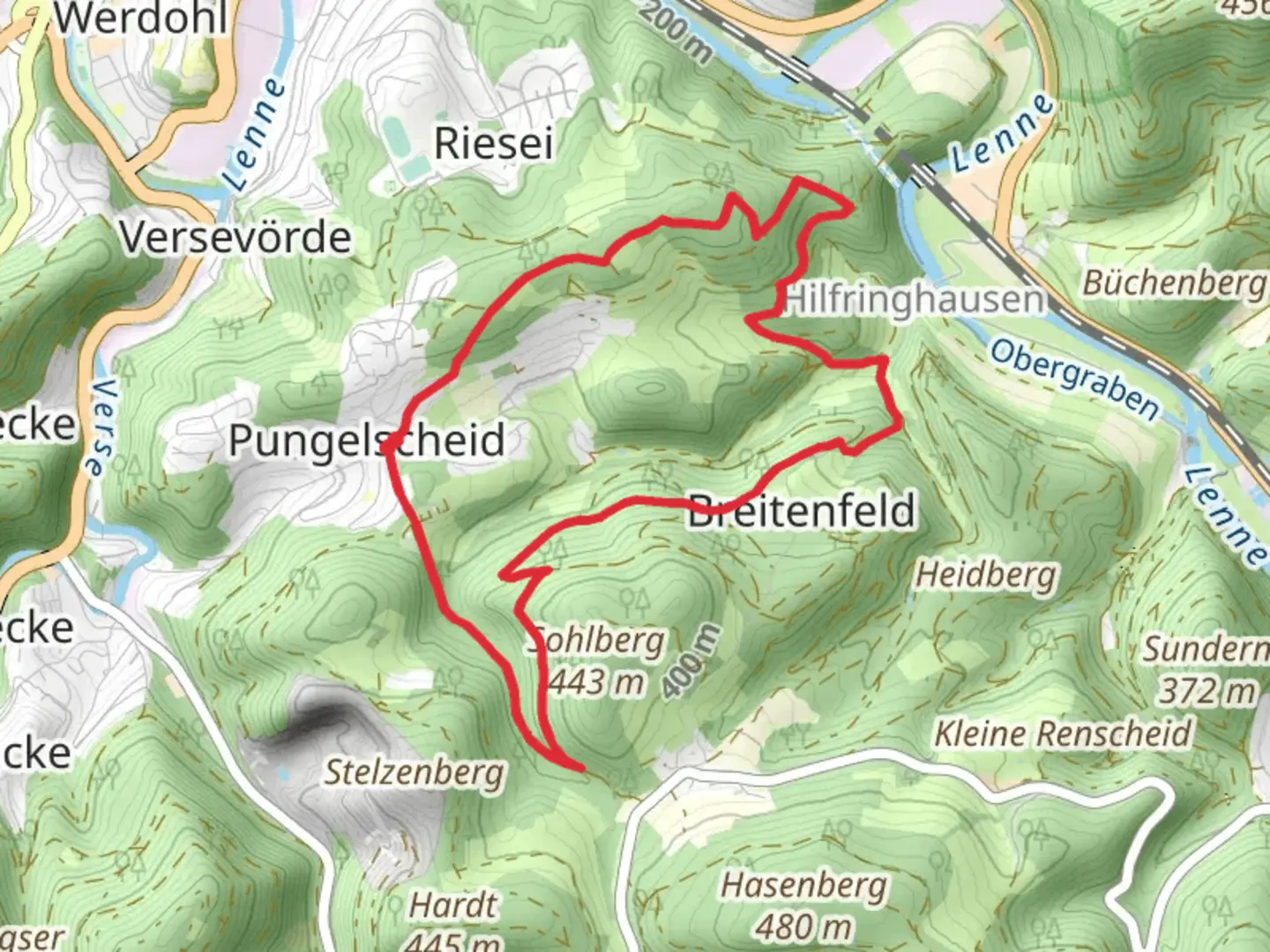 An image depicting the trail Hilfringhausen and Hesewinkel Loop - Almecke and its surrounding area.