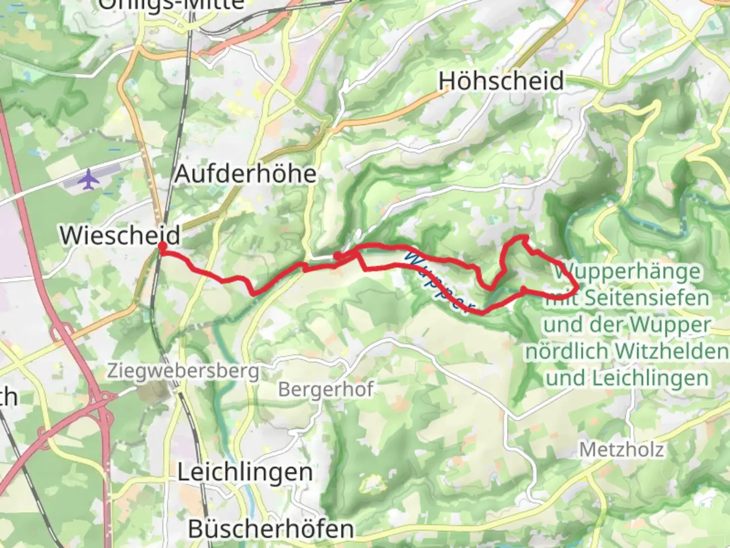 An image depicting the trail Wupper via Wupperweg and Schloesser Weg and its surrounding area.