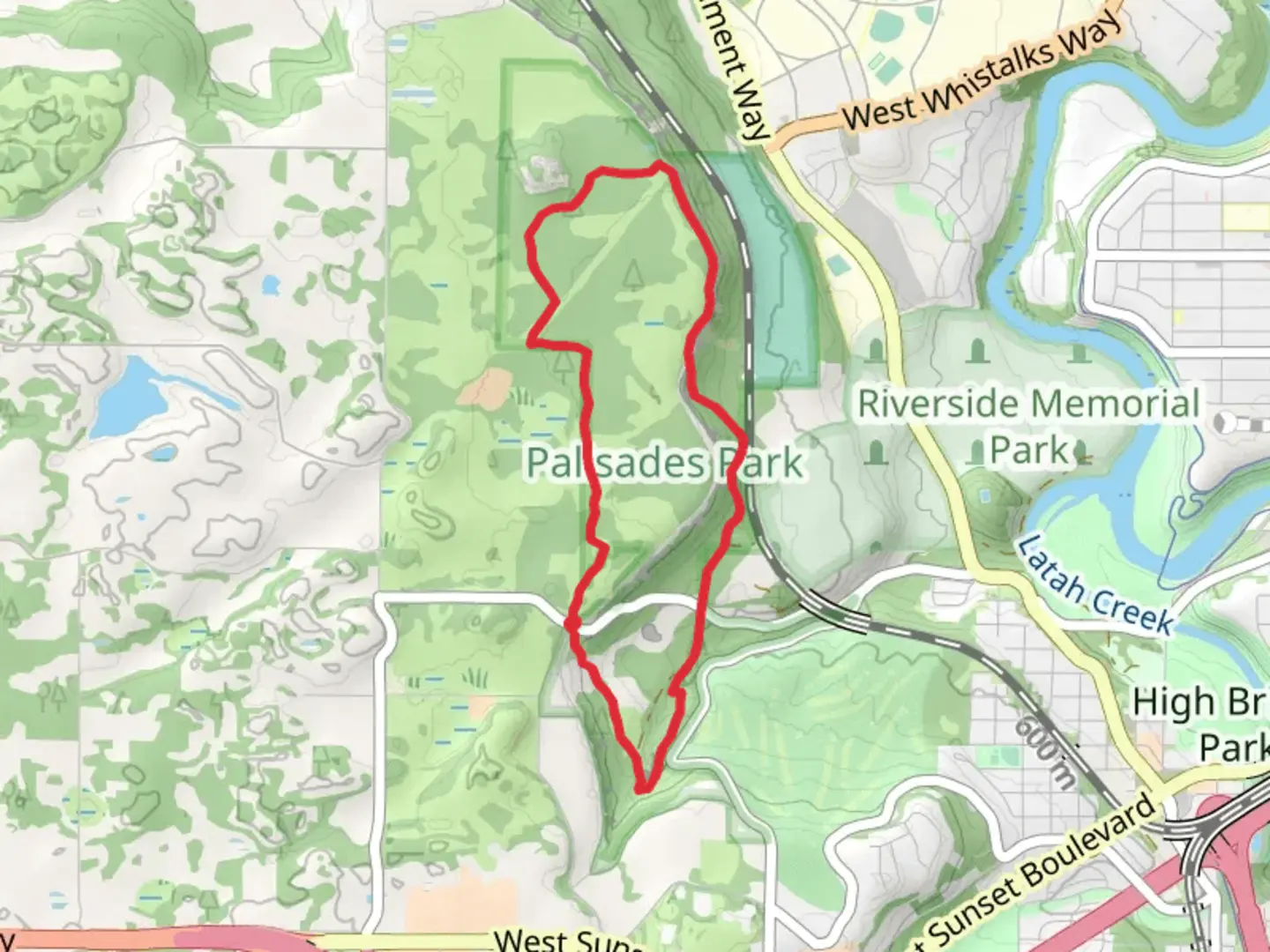 An image depicting the trail Trail 122, Rimrock Drive and Trail 102 Loop - Palisades Park and its surrounding area.