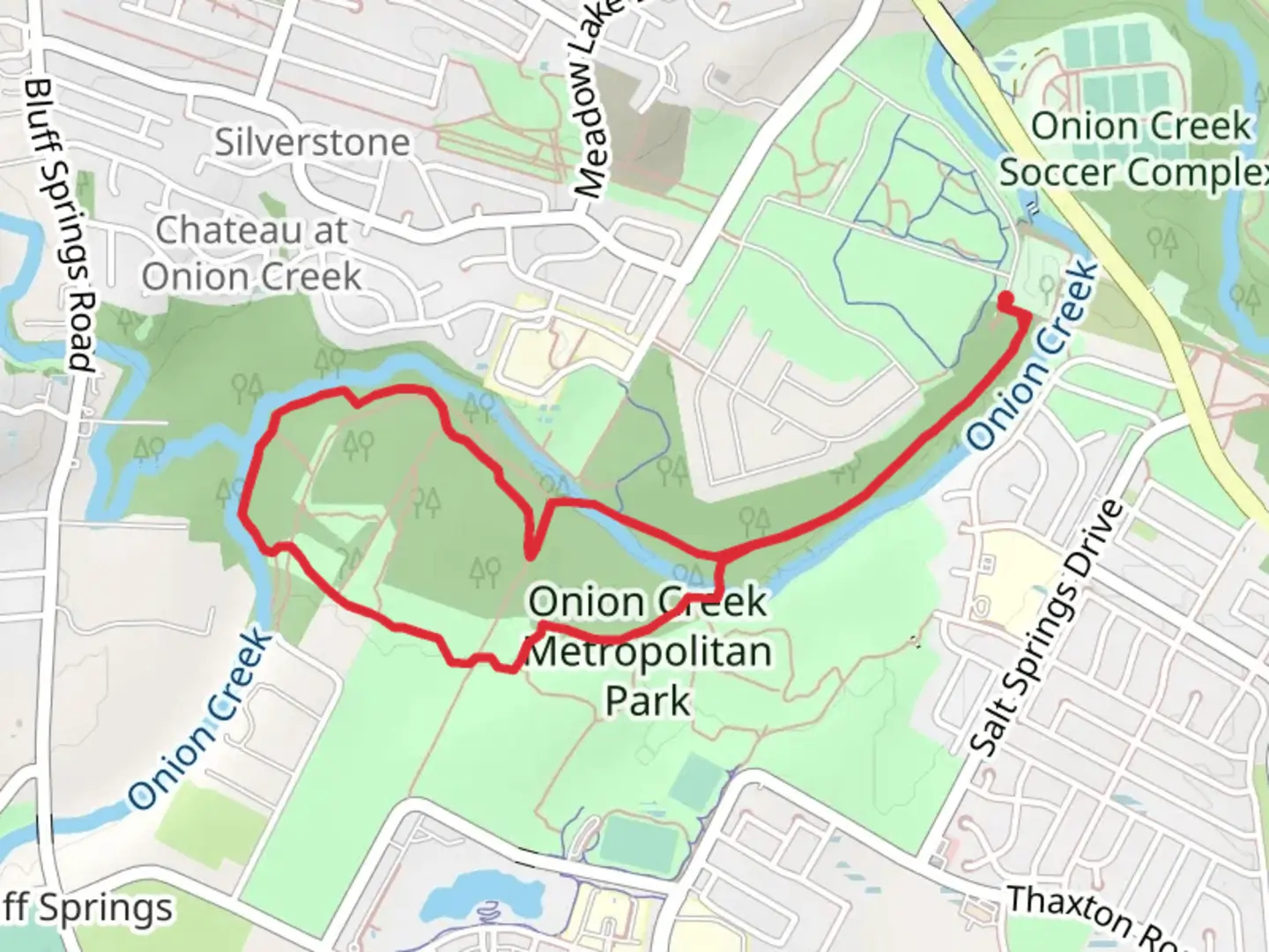 An image depicting the trail Onion Creek Loop via Onion Creek Greenbelt Trail 1 and its surrounding area.