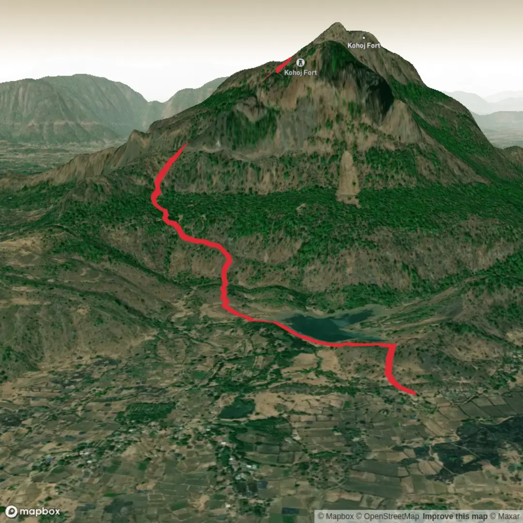 An image depicting the trail Kohoj Fort via Shelte Lake and its surrounding area.