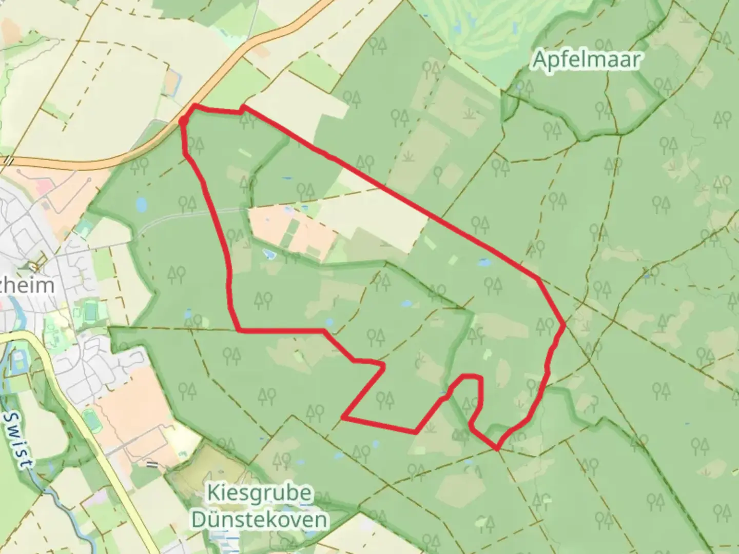 An image depicting the trail Kottenforst Loop via Eiserner Mann and its surrounding area.