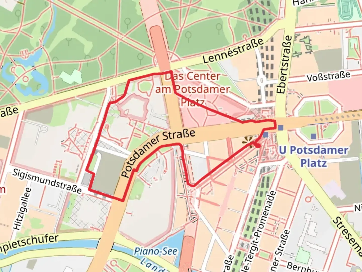An image depicting the trail The Center at Potsdamer Platz Loop and its surrounding area.