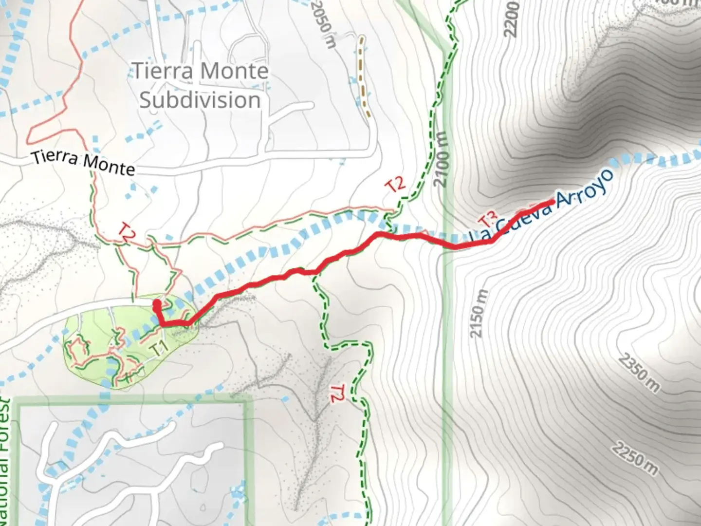 An image depicting the trail La Cueva Arroyo via La Cueva Trail and its surrounding area.