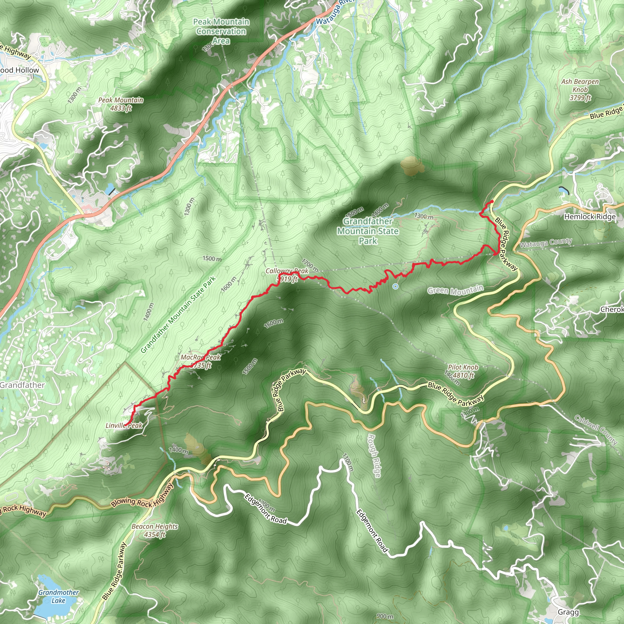 Calloway Peak and Linville Peak via Grandfather Trail mobile static map