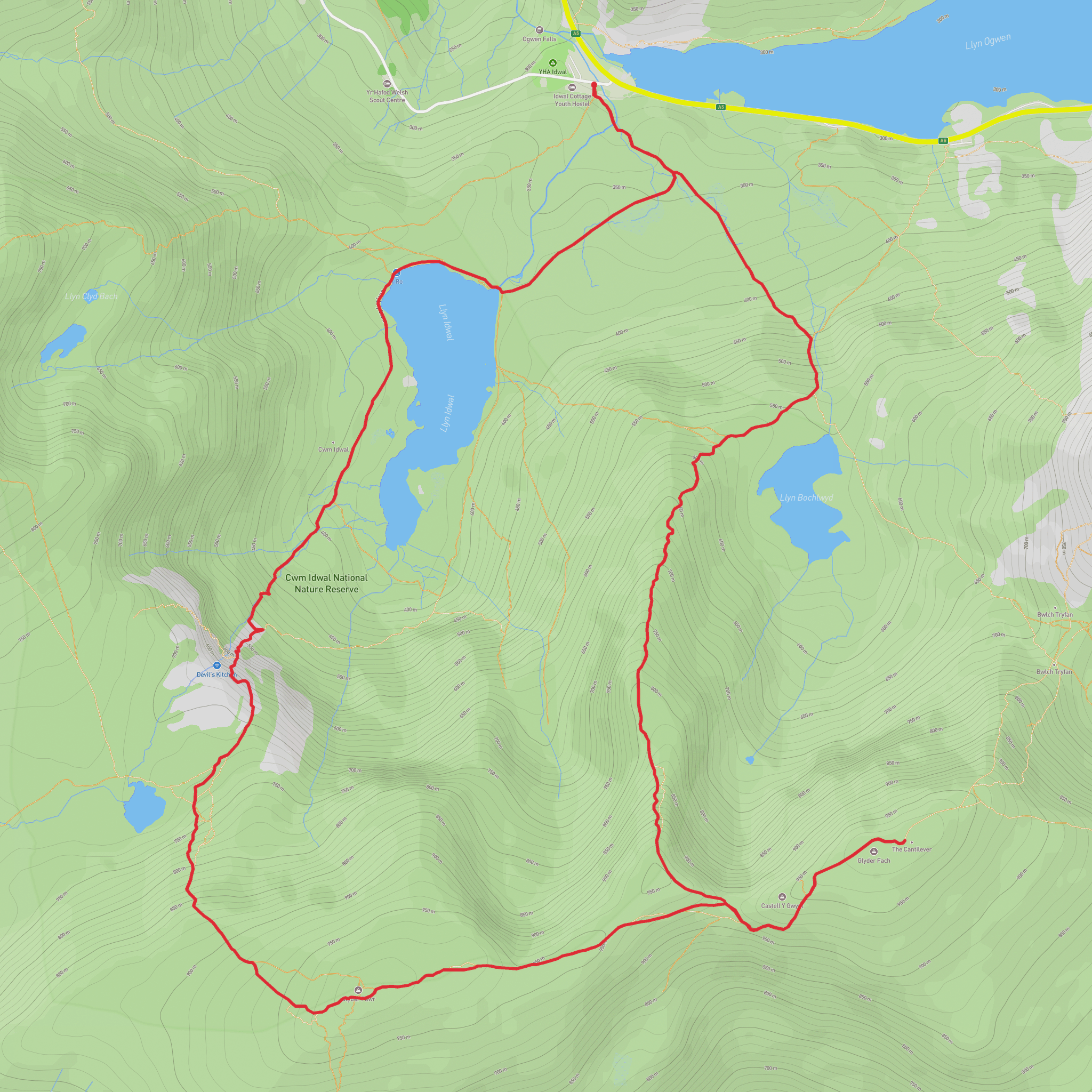 The Glyders and Devils Kitchen Via Y Gribin mobile static map