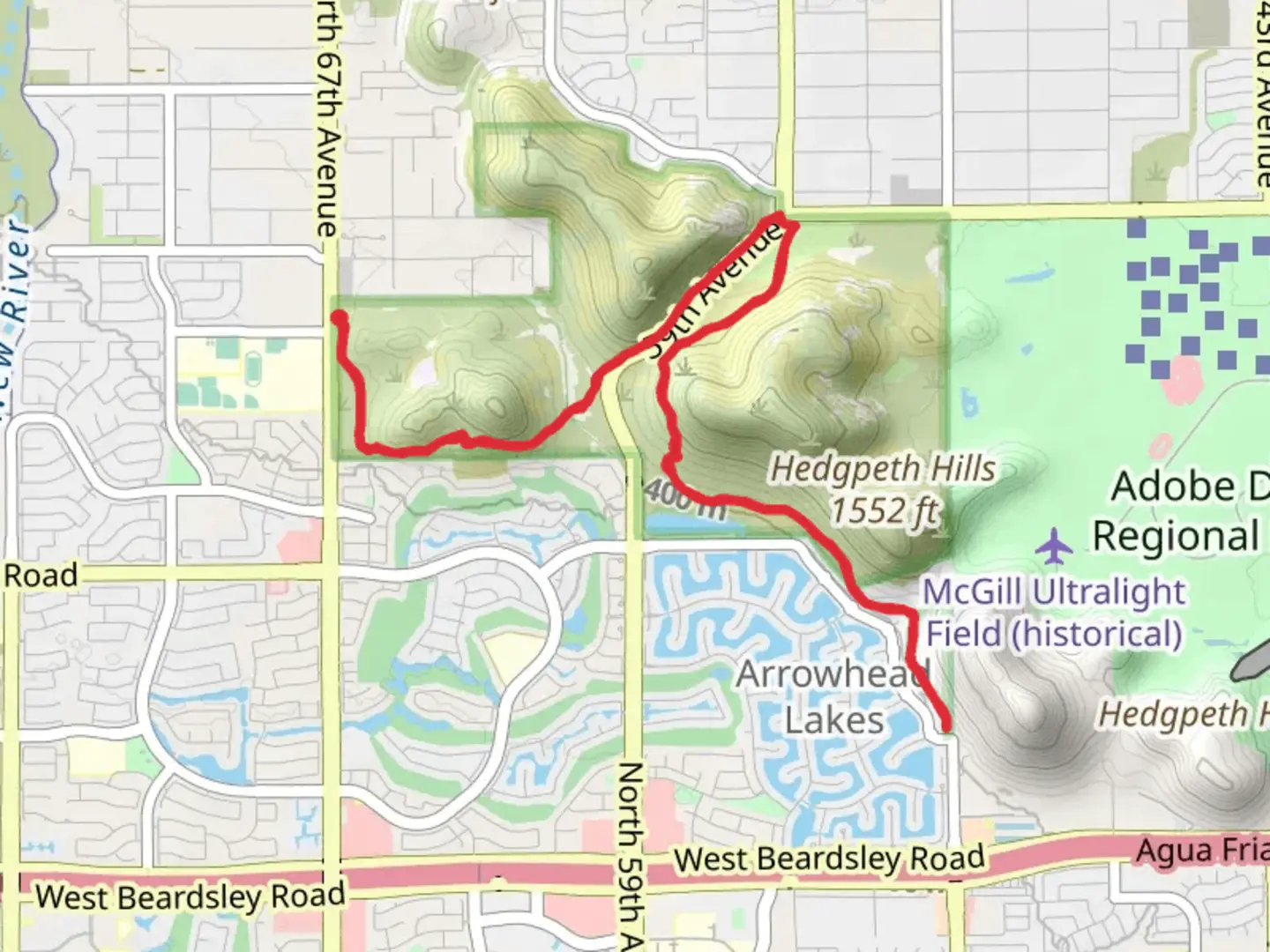 An image depicting the trail H-1 Trail - Thunderbird Conservation Park and its surrounding area.