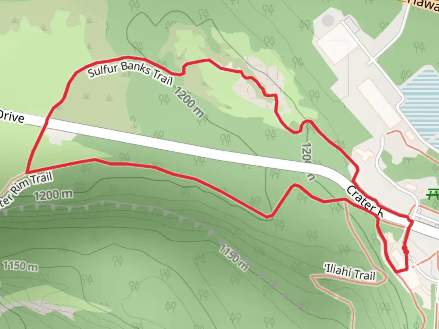 An image depicting the trail Crater Rim Trail and Sulfur Banks Loop Trail and its surrounding area.