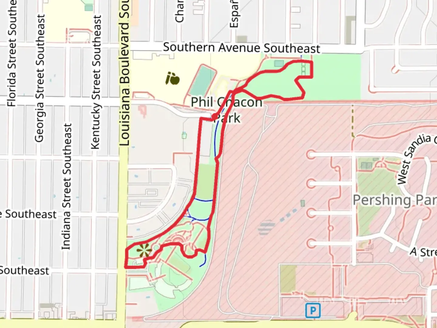 An image depicting the trail Phil Chacon Park and New Mexico Veterans Memorial Park Loop and its surrounding area.