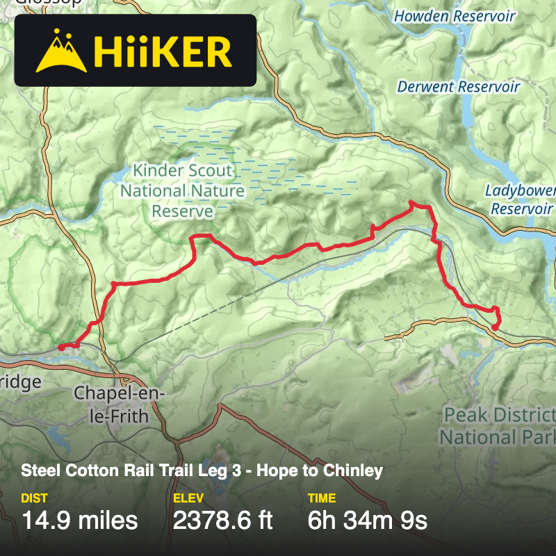 A map preview of the recording Steel Cotton Rail Trail Leg 3 - Hope to Chinley.