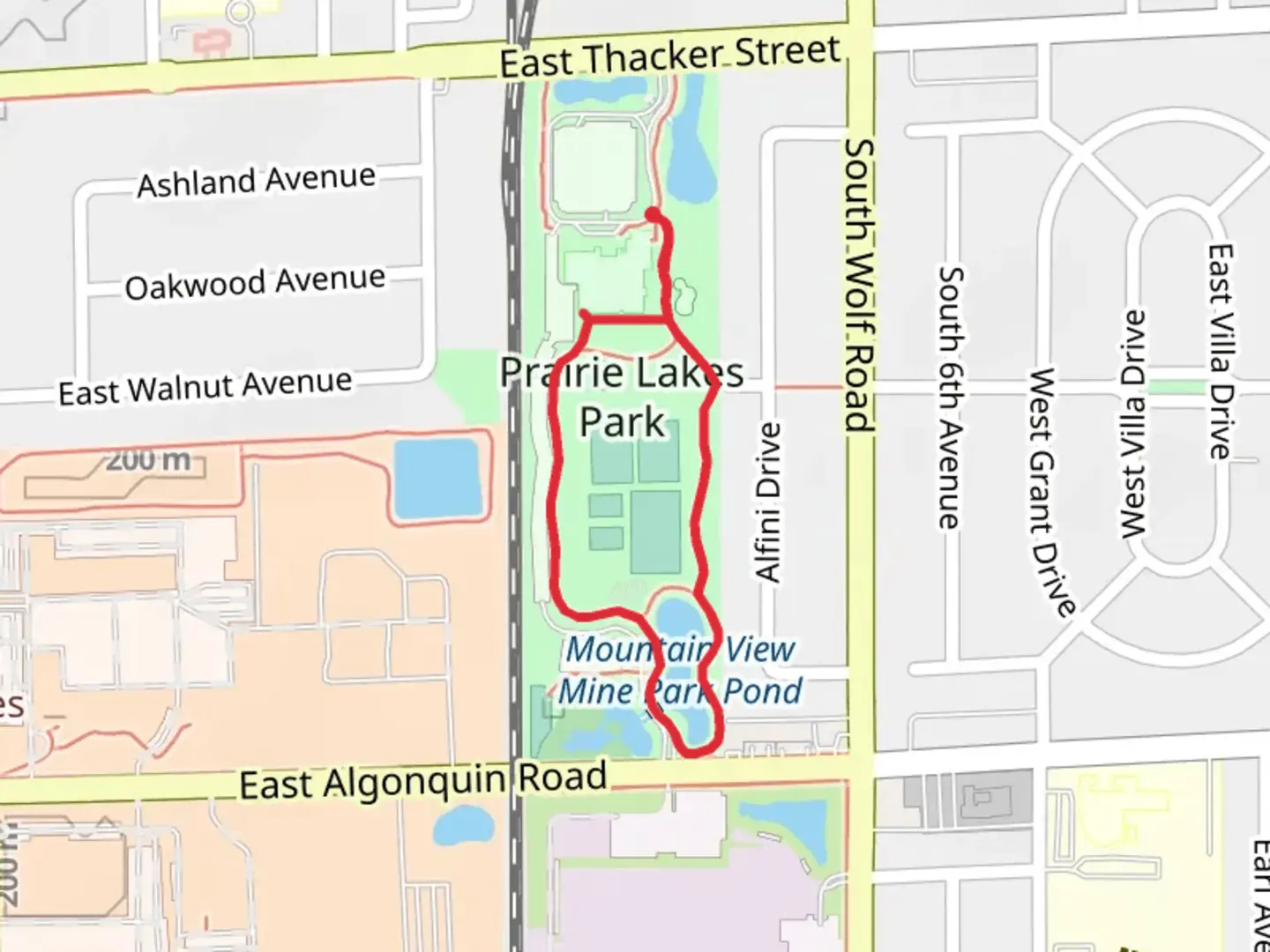 An image depicting the trail Prairie Lakes Park Loop and its surrounding area.