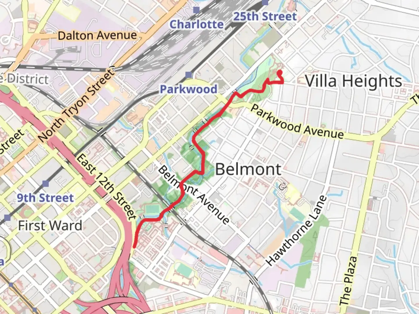 An image depicting the trail Alexander Street Park and Little Sugar Creek Greenway and its surrounding area.