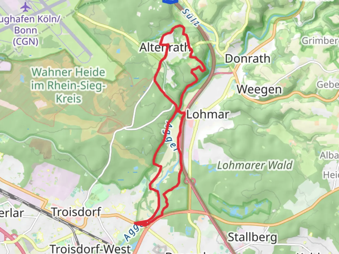 An image depicting the trail Aggerause Zwischen Lohmar und Siegburg Loop and its surrounding area.