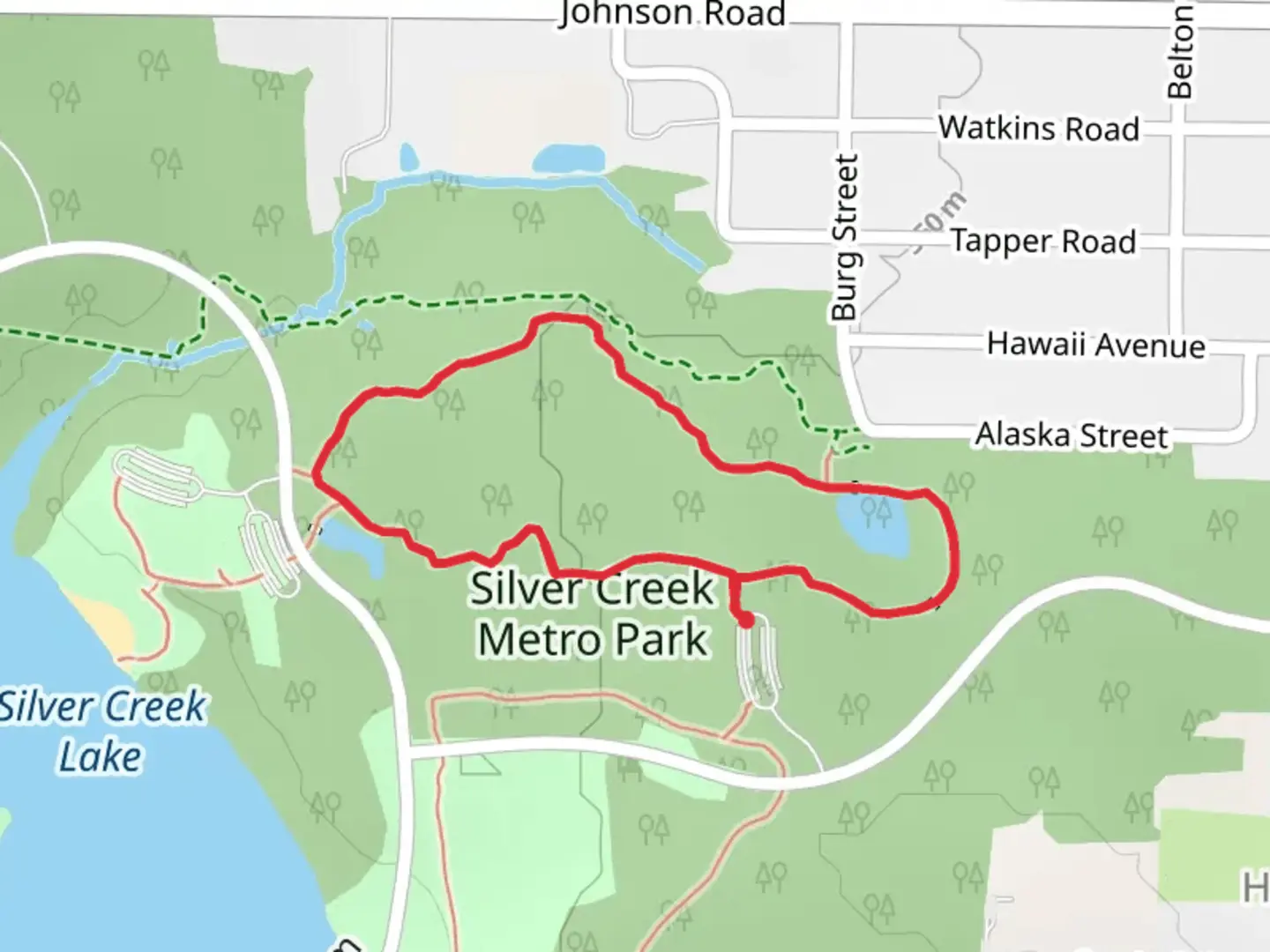 An image depicting the trail Loop beside Silver Creek Lake and its surrounding area.