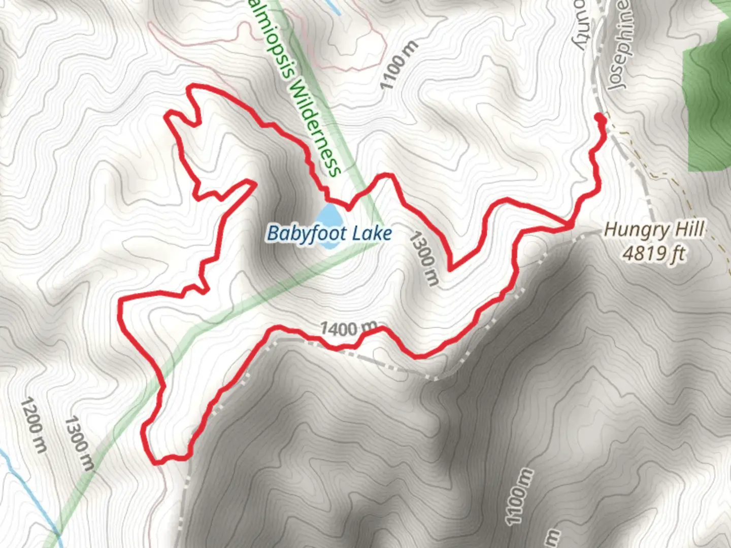 An image depicting the trail Babyfoot Lake Rim, Kalmiopsis Rim and Babyfoot Lake Loop Trail and its surrounding area.