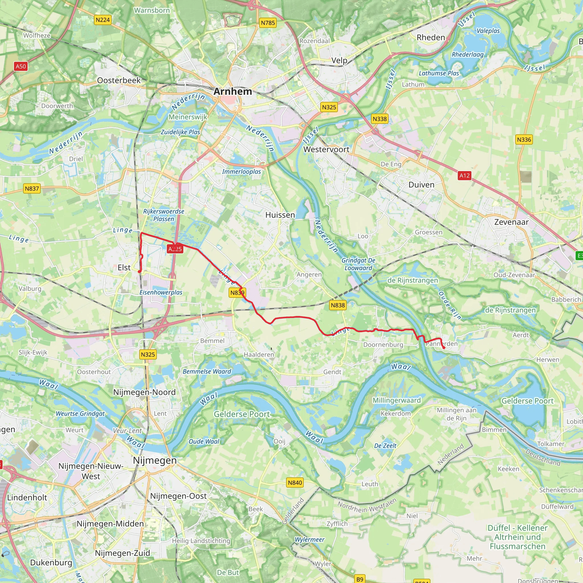 Pannerden to Elst via Goudsbloem Pad Zuid and The Forgotten Trail mobile static map