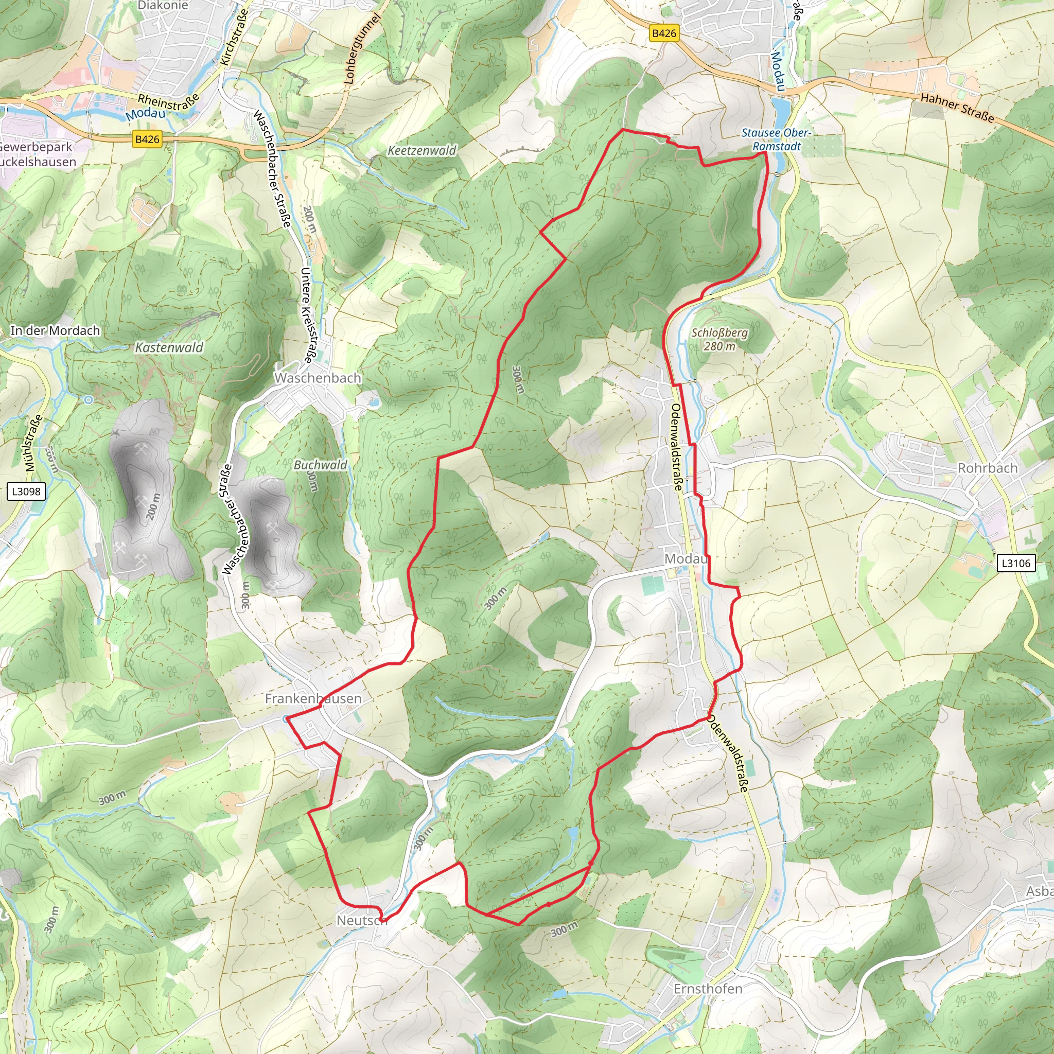Hoher Rodberg and Silberberg via Malchen Obernburg mobile static map