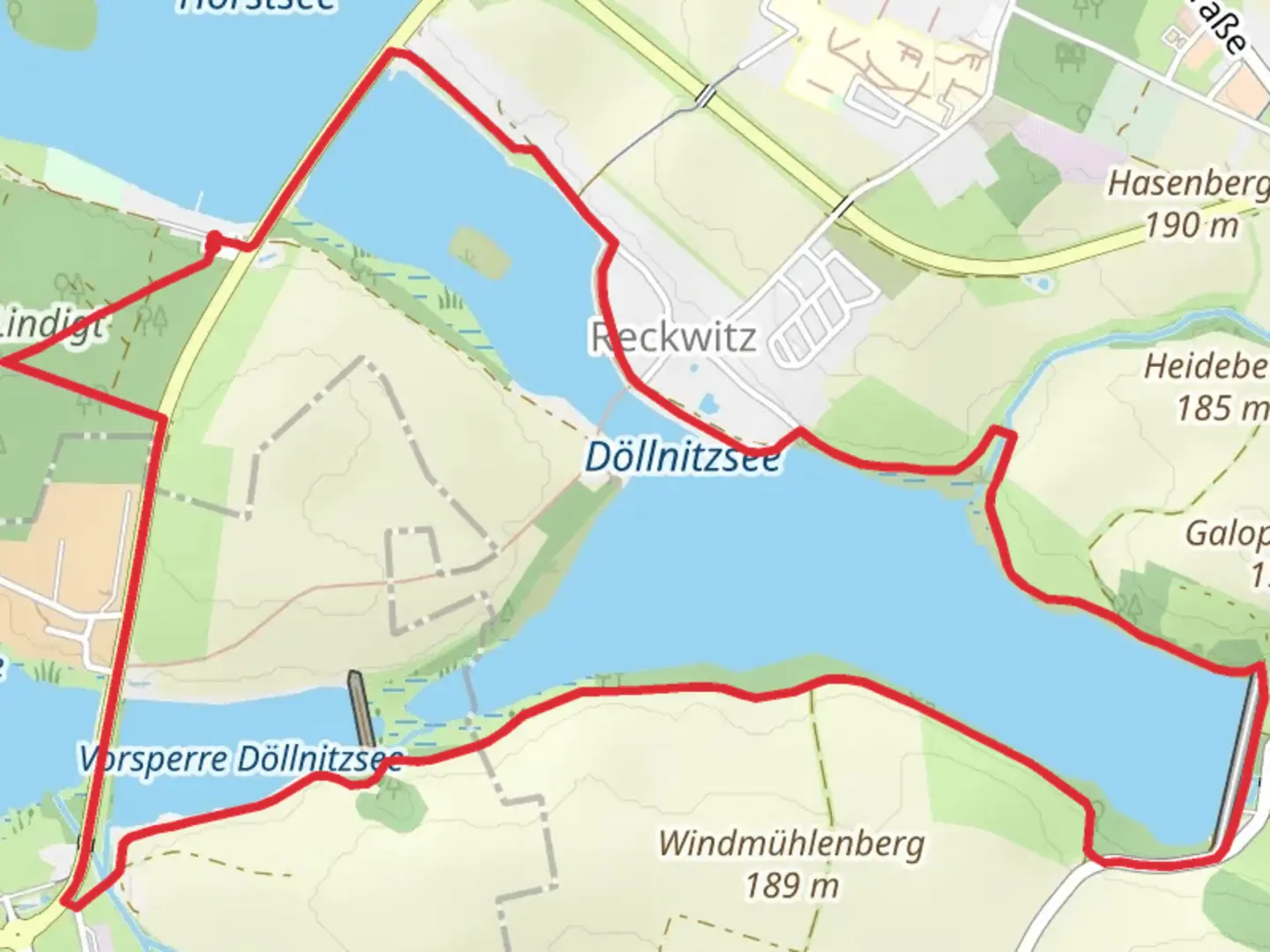 An image depicting the trail Rundwanderung Döllnitzsee and its surrounding area.