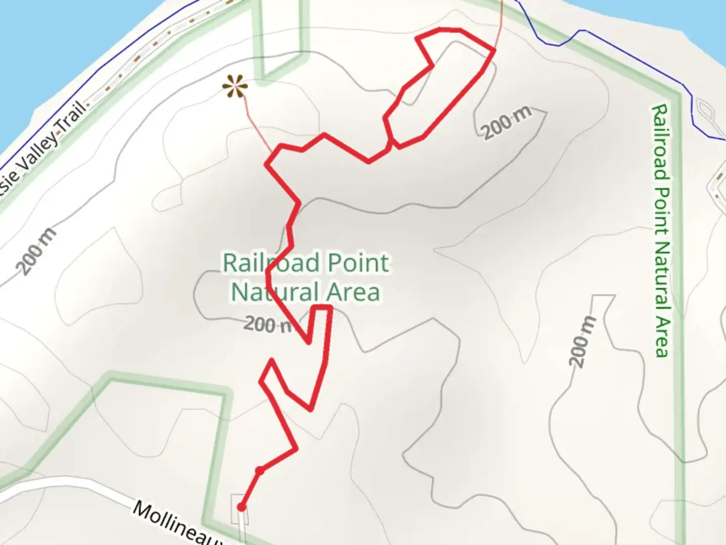 An image depicting the trail Mollineaux Road and its surrounding area.
