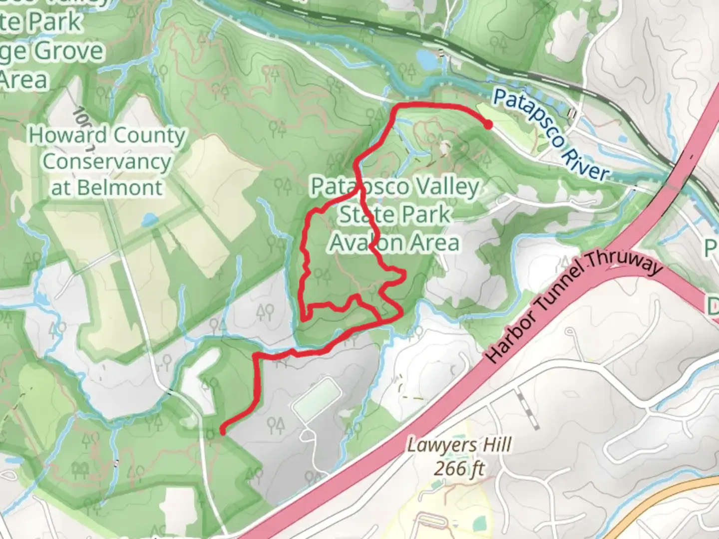 An image depicting the trail Rockburn Branch and Hop the Snake Loop Trail and its surrounding area.