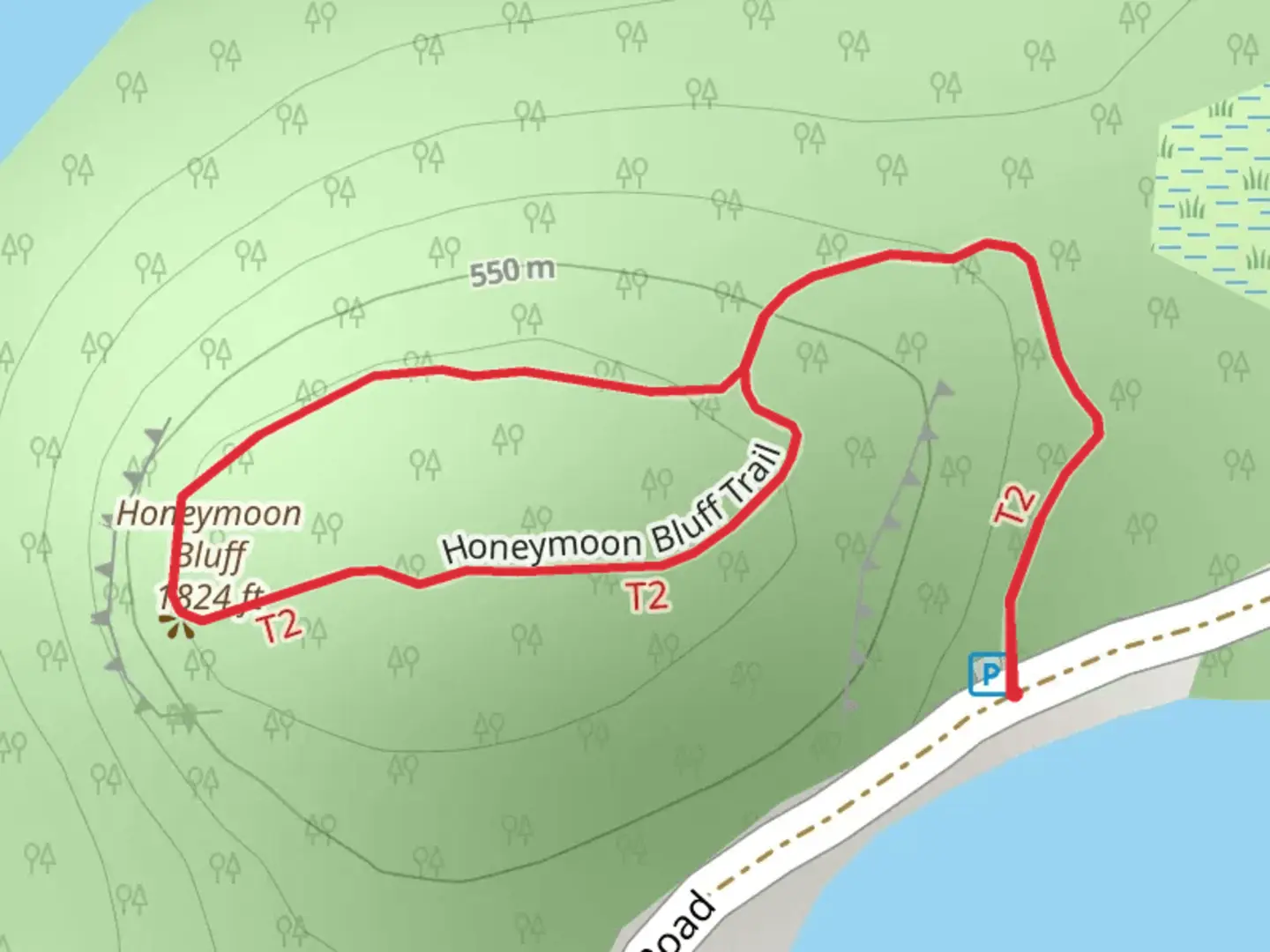 An image depicting the trail Honeymoon Bluff Loop and its surrounding area.