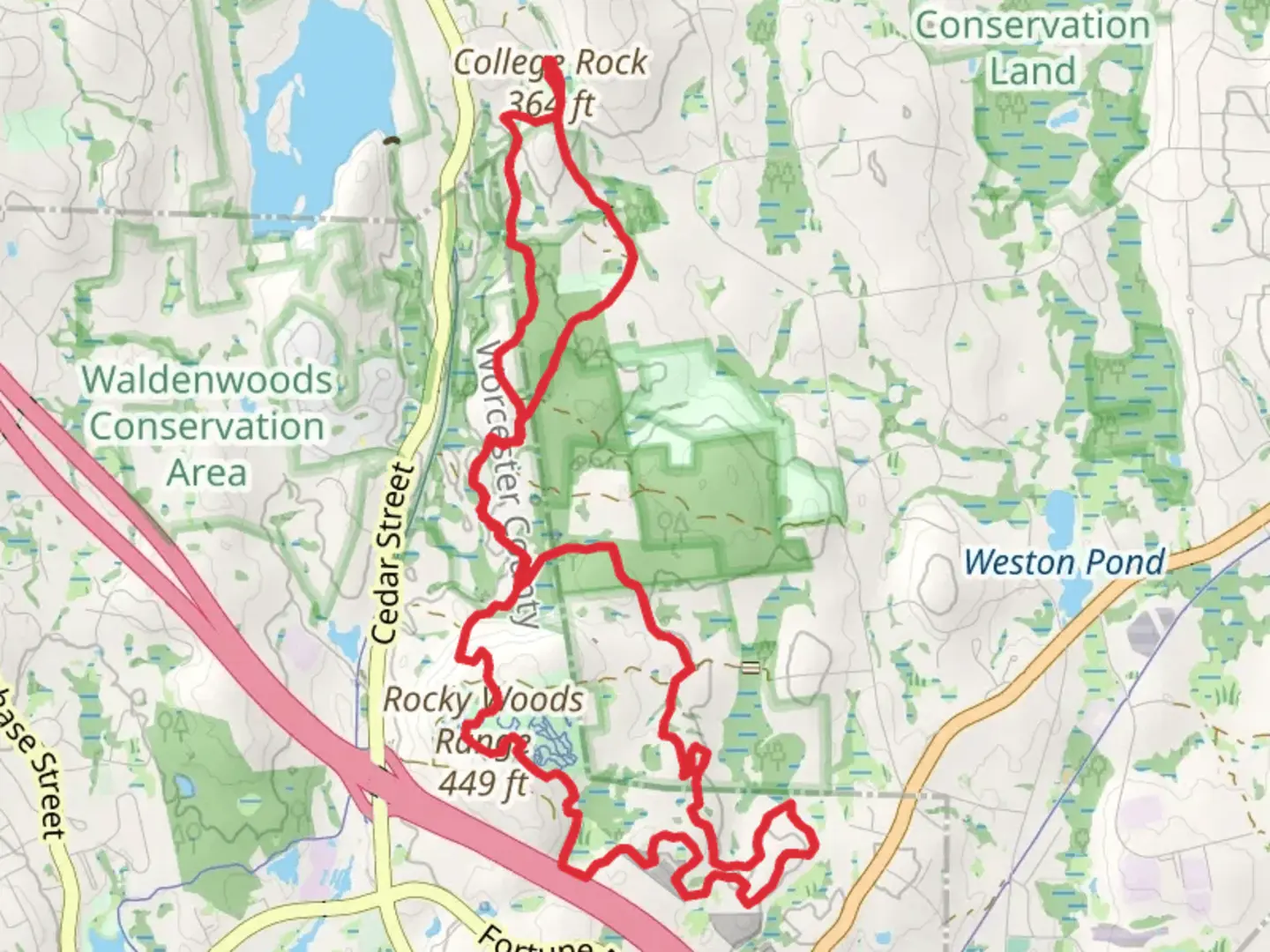 An image depicting the trail College Rock and Rocky Woods Range Loop and its surrounding area.