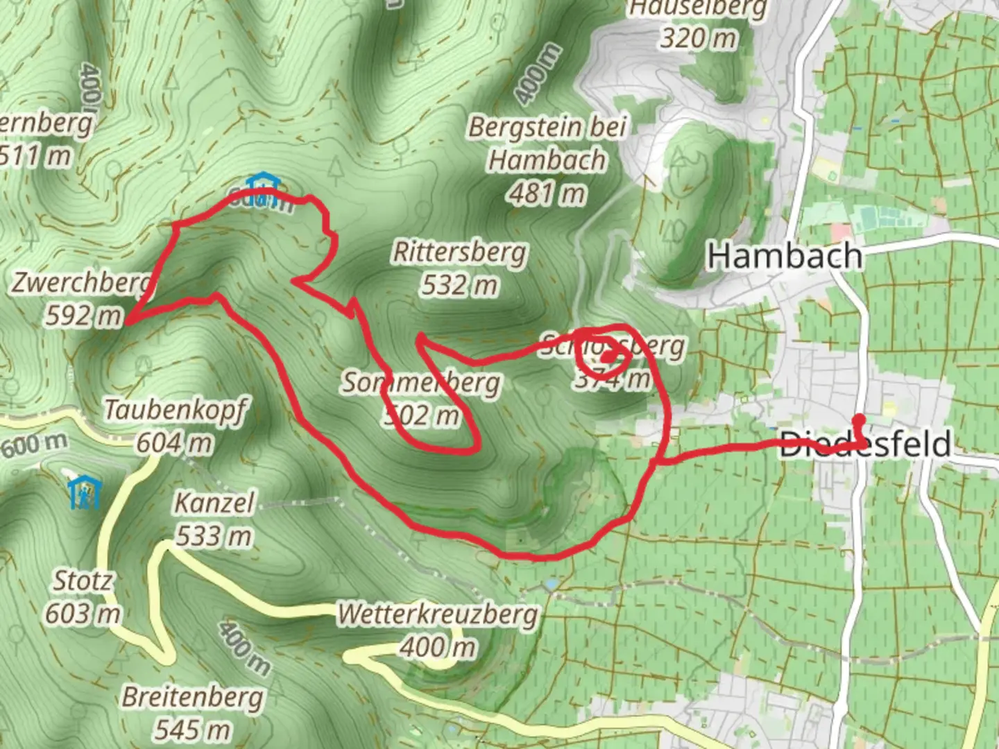 An image depicting the trail Schlossberg via Paelzer Keschdeweg and Weinspange and its surrounding area.
