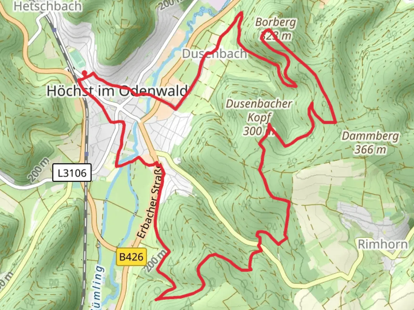An image depicting the trail Hoechst and Dusenbacher Kopf Loop and its surrounding area.