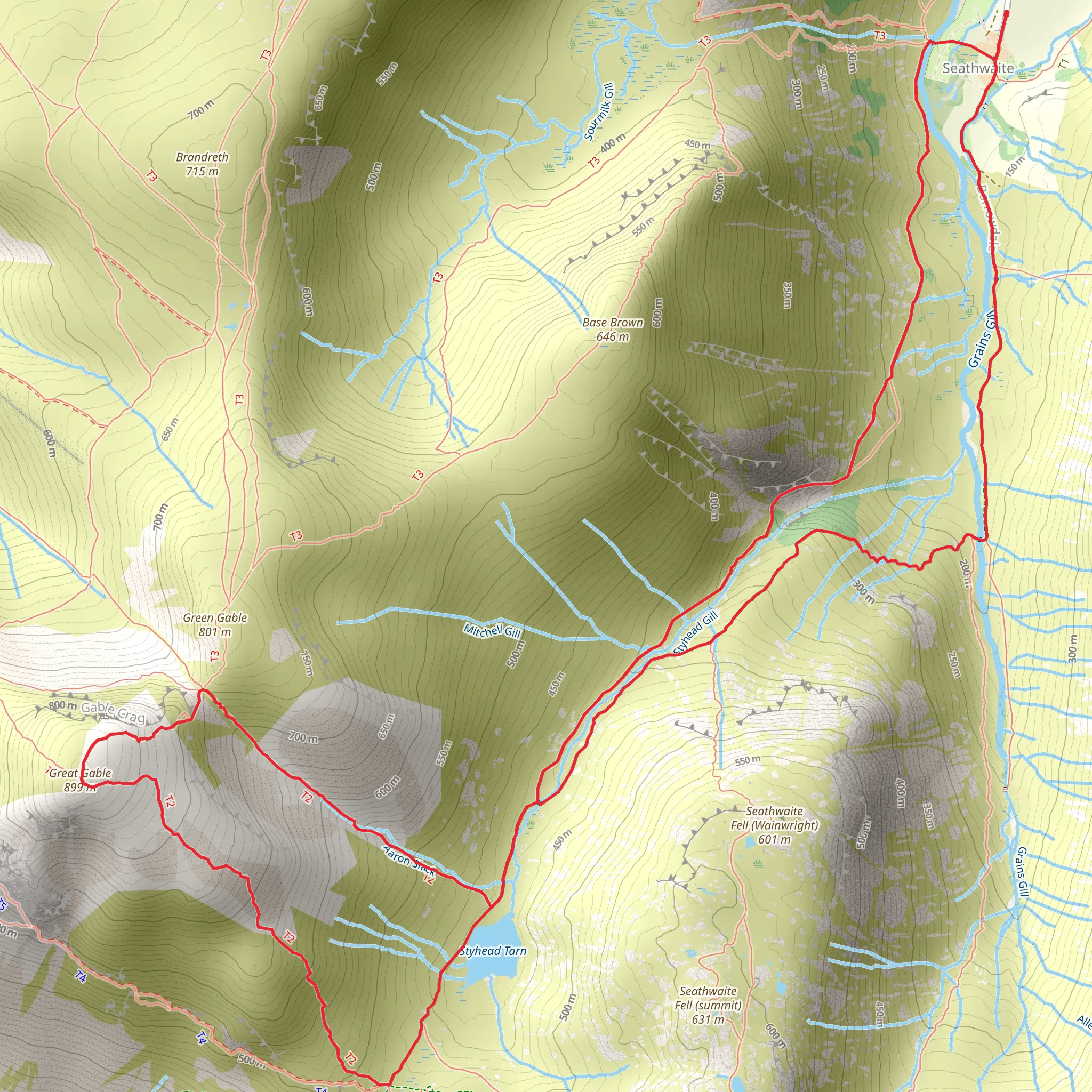 Windy Gap, Great Gable, Styhead Tarn Loop - Seathwaite mobile static map