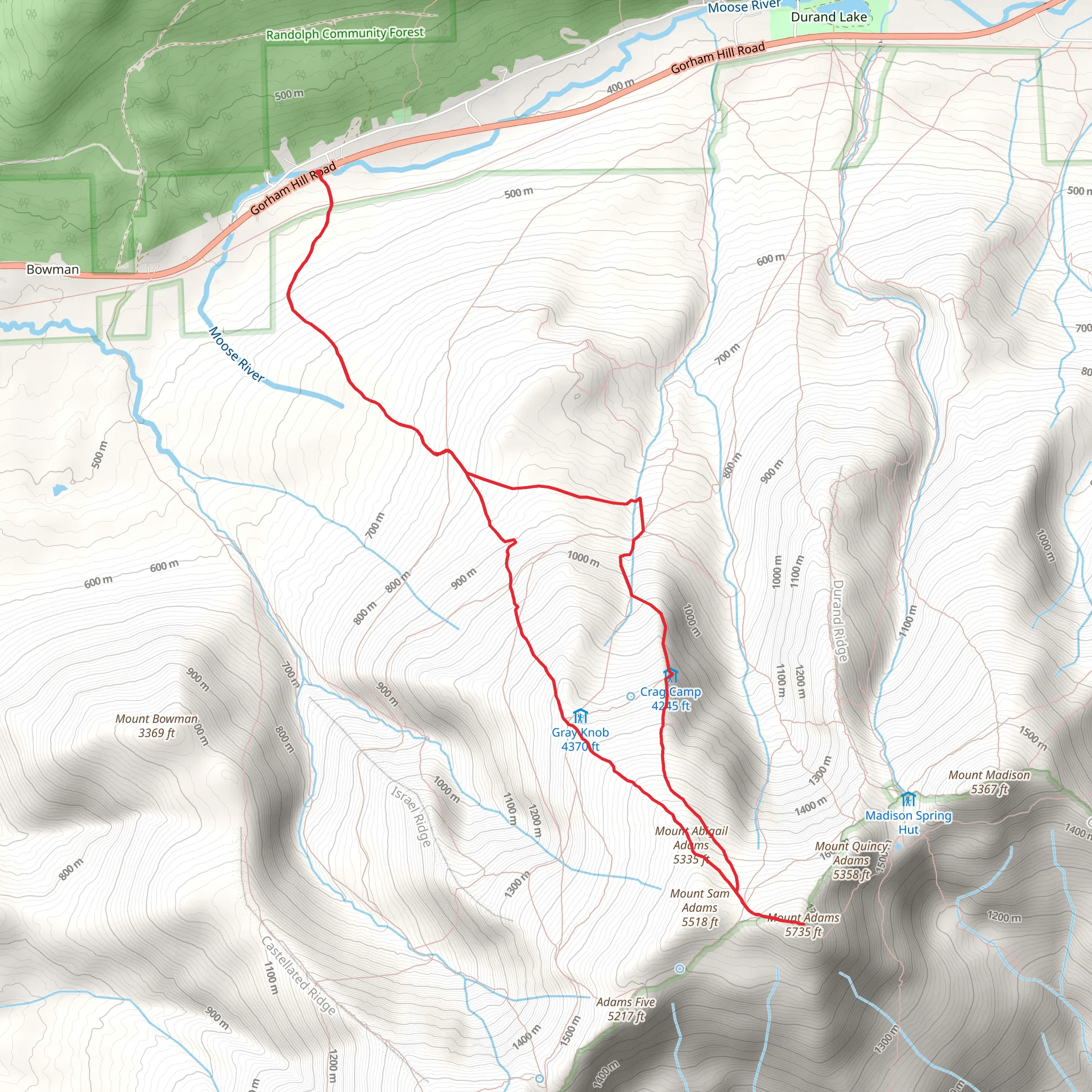Mount Adams and Mount Abigail Adams Loop via Lowe's Path Trail mobile static map